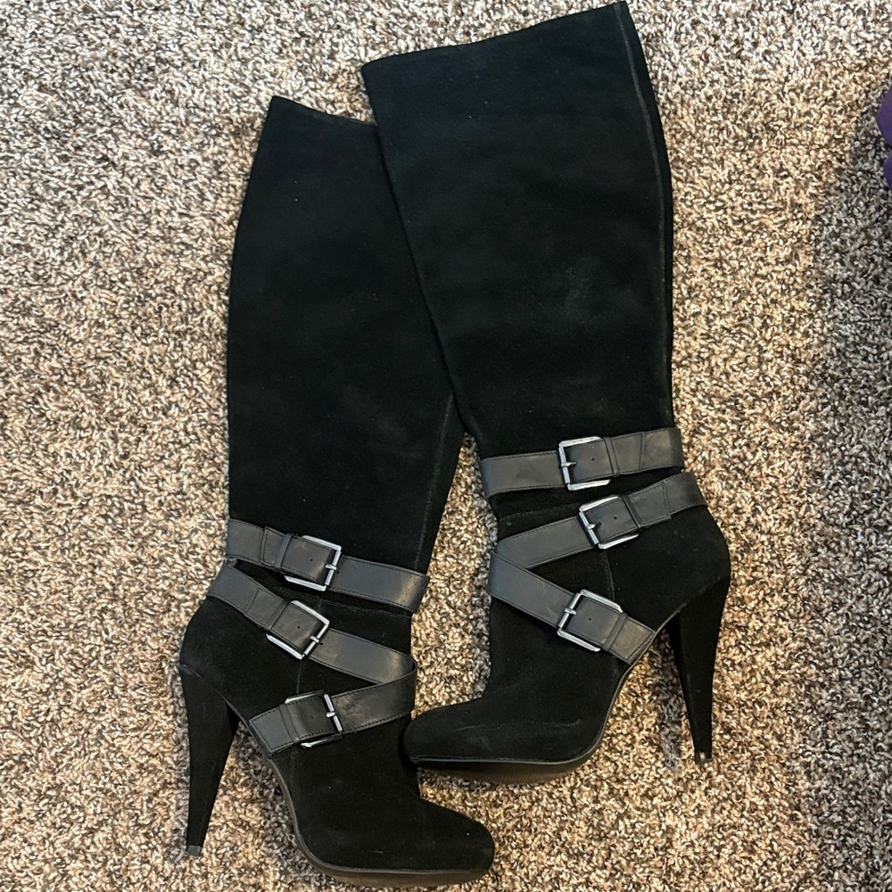 Aldo Black Suede Heeled Boots with Buckle Straps